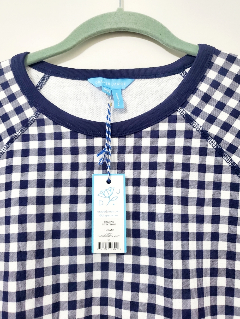 Draper James Natalie Nassau Navy and White Gingham Sweatshirt XS NEW - Picture 3 of 10